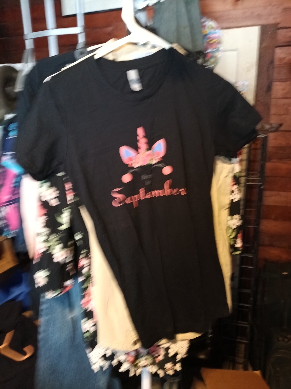 Next Level Apparel Black Tee with Pink Unicorn & 'September' Graphic
